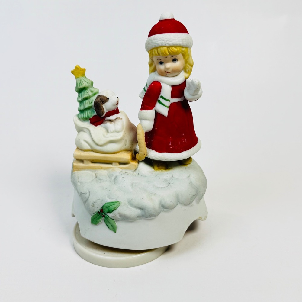 Vintage Christmas Spinning Music Figurine Girl Puppy Sled Tree Ceramic Decor